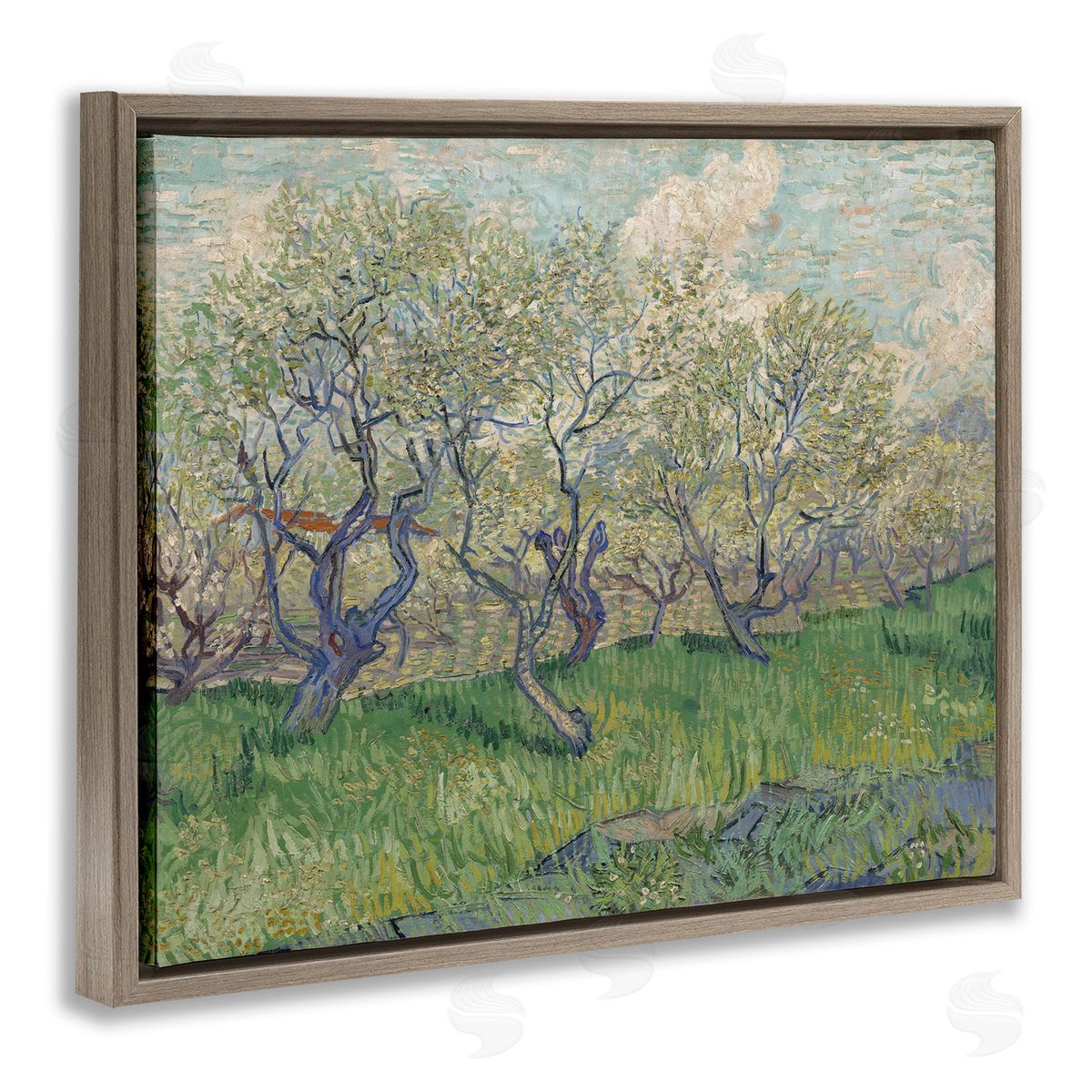 one1000paintings Classic Van Gogh Blossoming Orchard Brown Floating Frame Canvas Wall Art Print