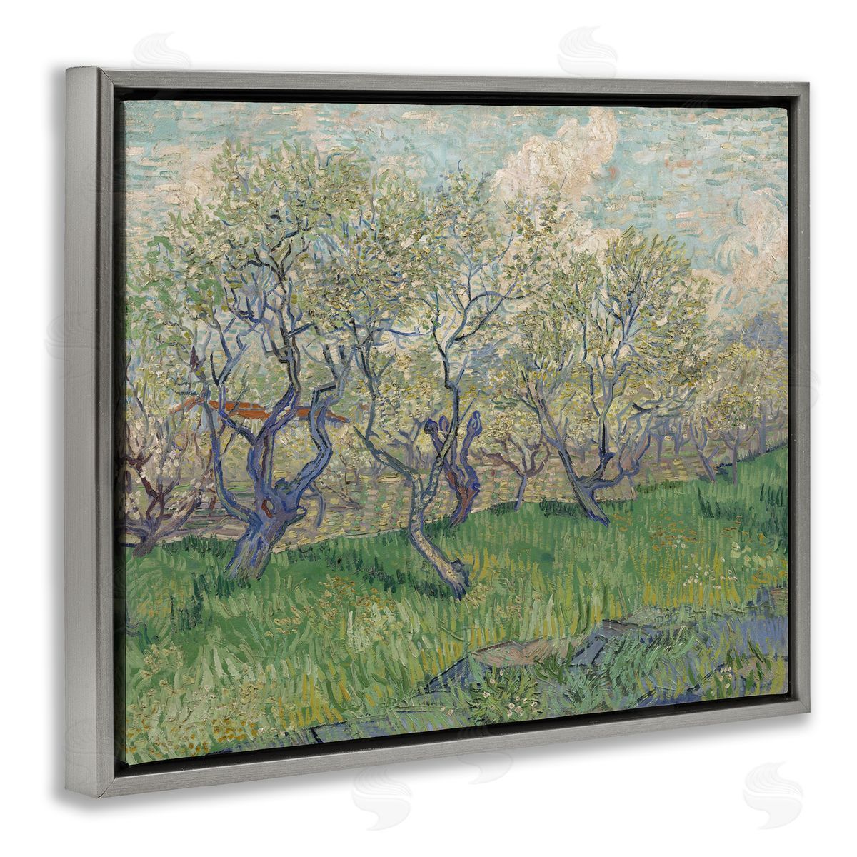 one1000paintings Classic Van Gogh Blossoming Orchard Gray Floating Frame Canvas Wall Art Print