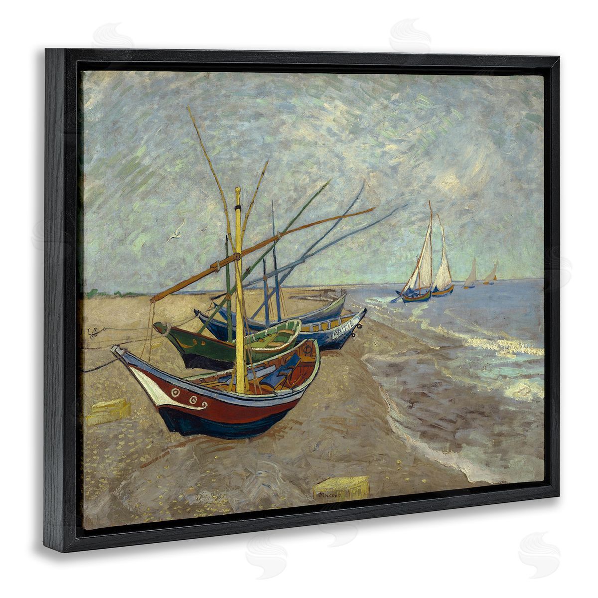 one1000paintings Classic Fishing Boats on Beach Black Floating Frame Canvas Wall Art Print