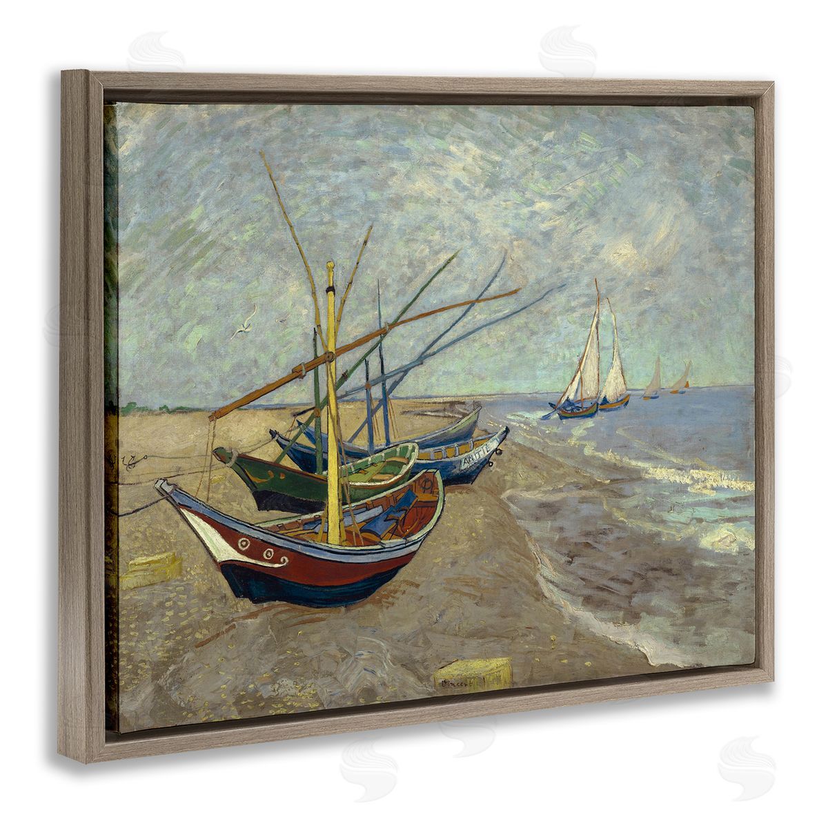 one1000paintings Classic Fishing Boats on Beach Brown Floating Frame Canvas Wall Art Print