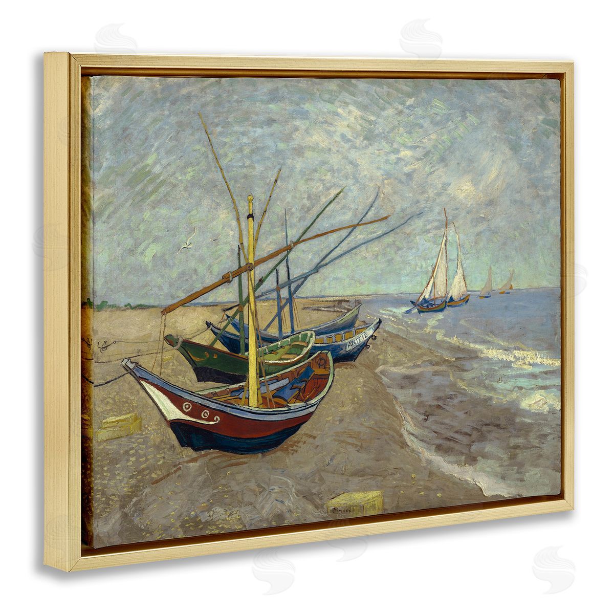 one1000paintings Classic Fishing Boats on Beach Gold Floating Frame Canvas Wall Art Print