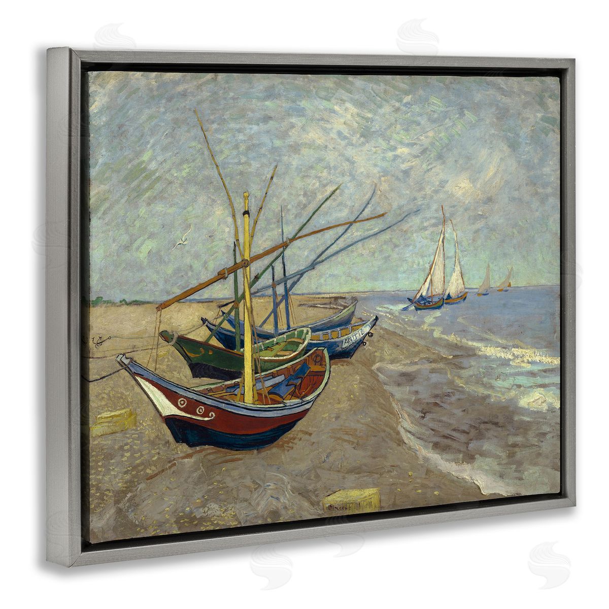 one1000paintings Classic Fishing Boats on Beach Gray Floating Frame Canvas Wall Art Print