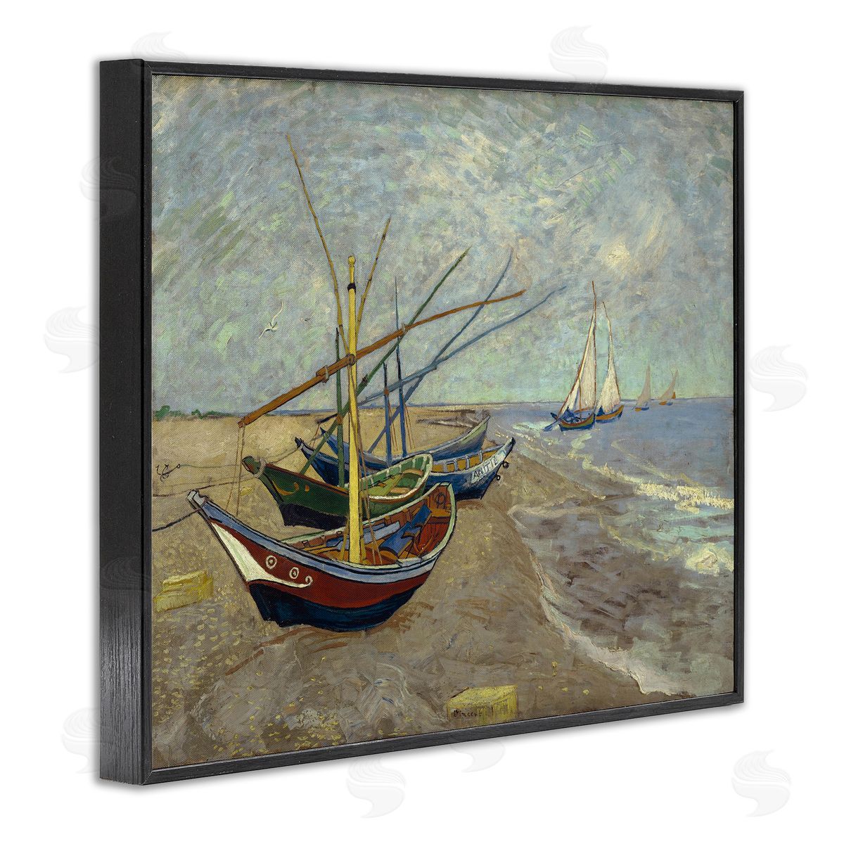 one1000paintings Classic Fishing Boats on Beach Black Framed Giclee Wall Art Print
