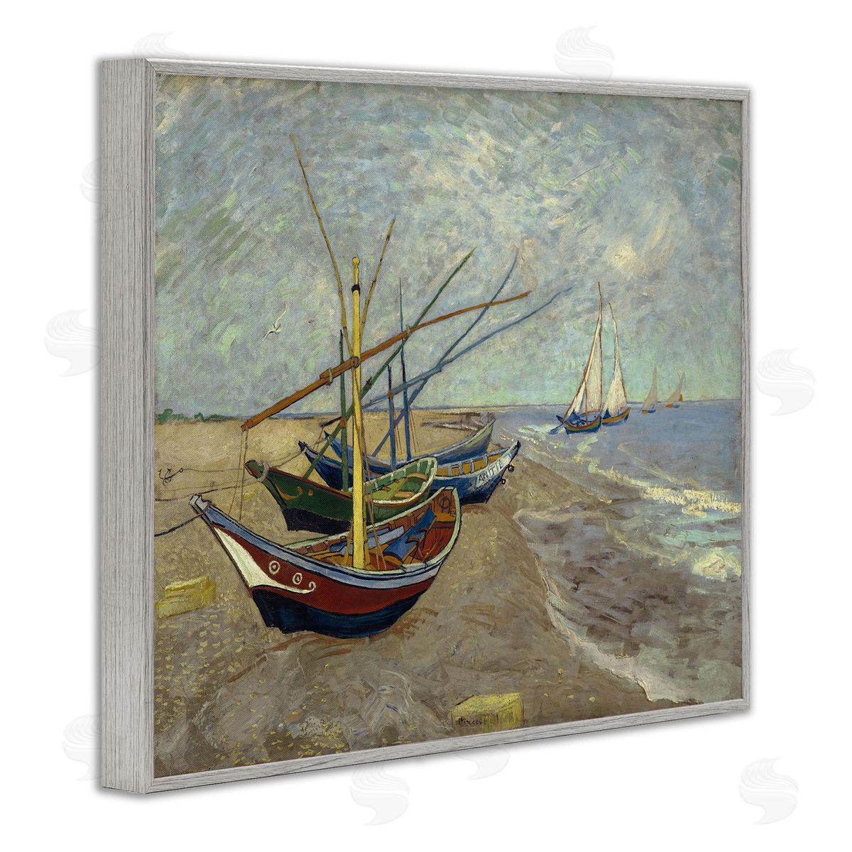 one1000paintings Classic Fishing Boats on Beach Gray Framed Giclee Wall Art Print