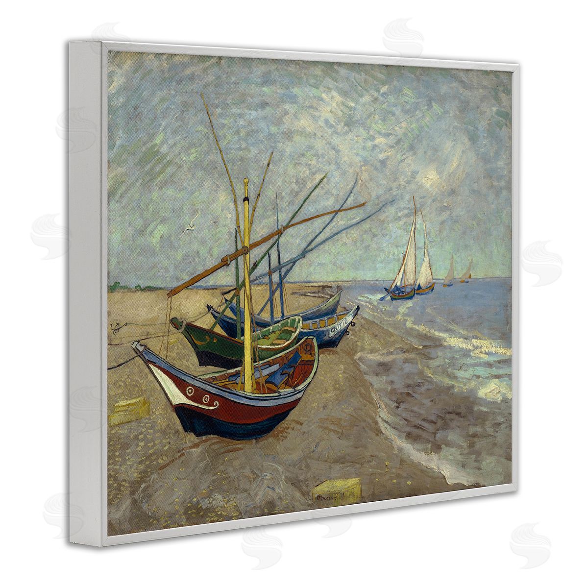 one1000paintings Classic Fishing Boats on Beach White Framed Giclee Wall Art Print