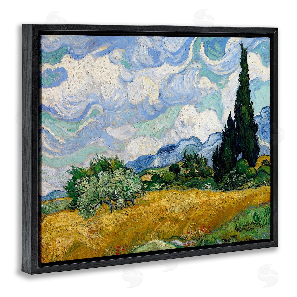 one1000paintings Classical Wheat Field with Cypresses Black Floating Frame Canvas Wall Art Print