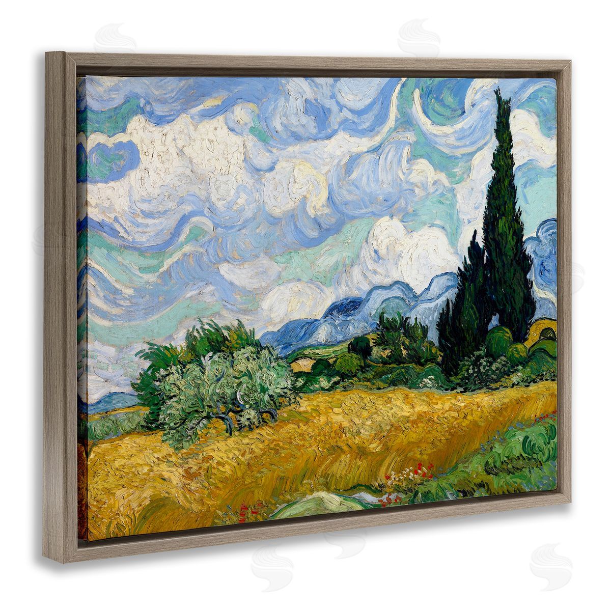 one1000paintings Classical Wheat Field with Cypresses Brown Floating Frame Canvas Wall Art Print