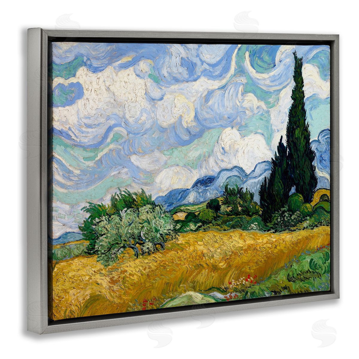 one1000paintings Classical Wheat Field with Cypresses Gray Floating Frame Canvas Wall Art Print