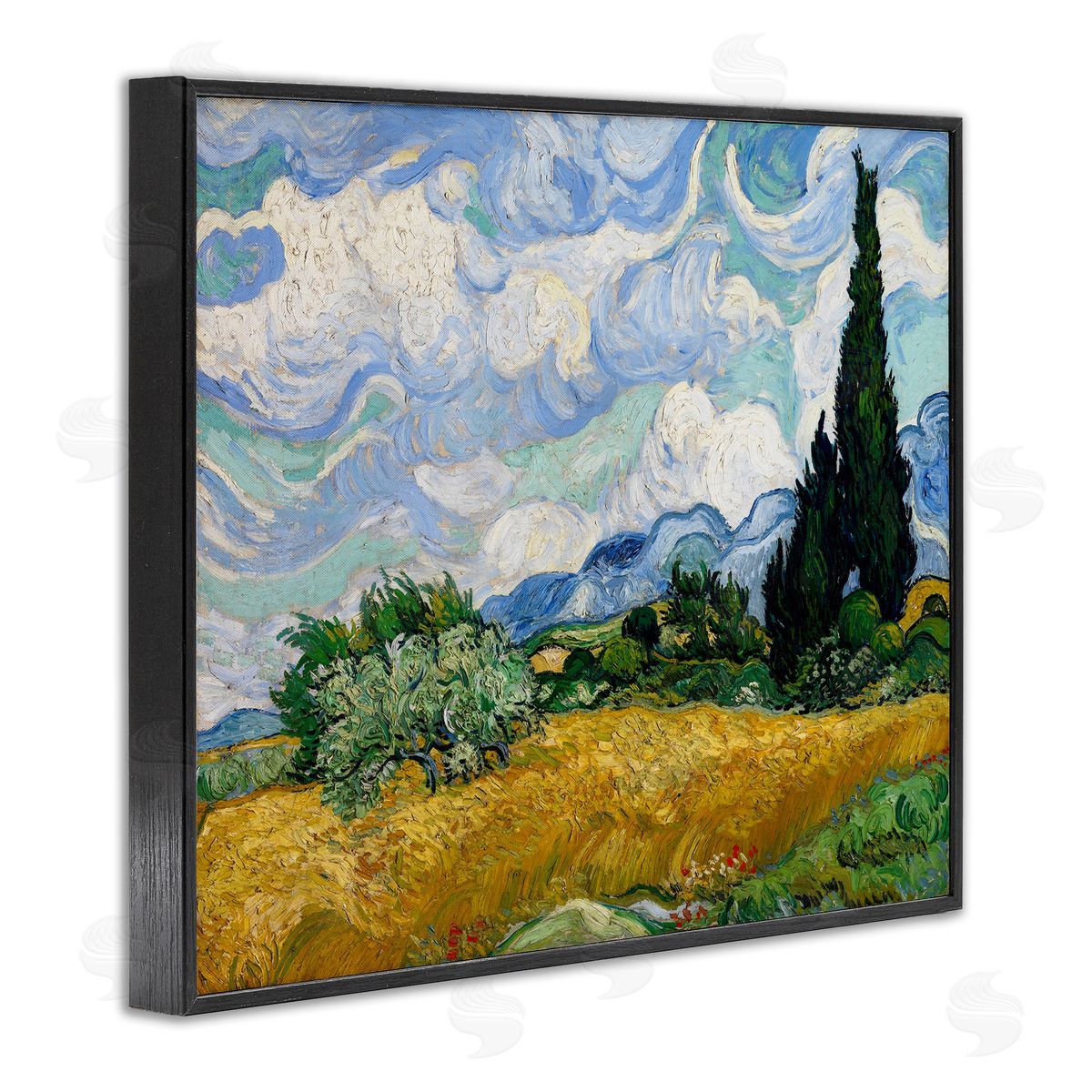 one1000paintings Classical Wheat Field with Cypresses Black Framed Giclee Wall Art Print