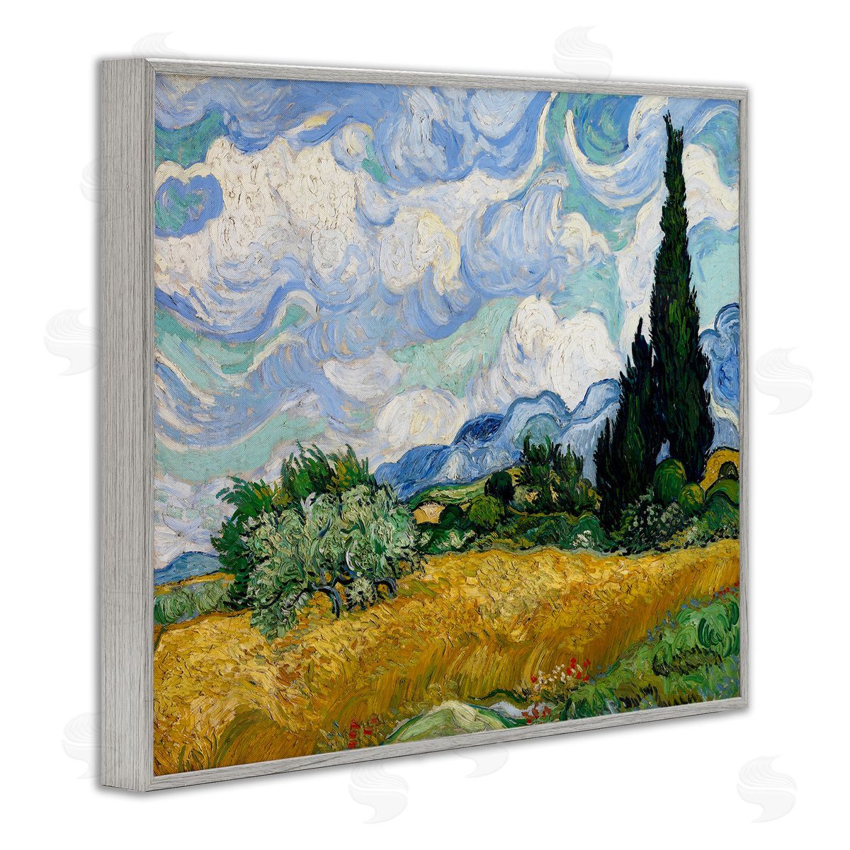 one1000paintings Classical Wheat Field with Cypresses Gray Framed Giclee Wall Art Print