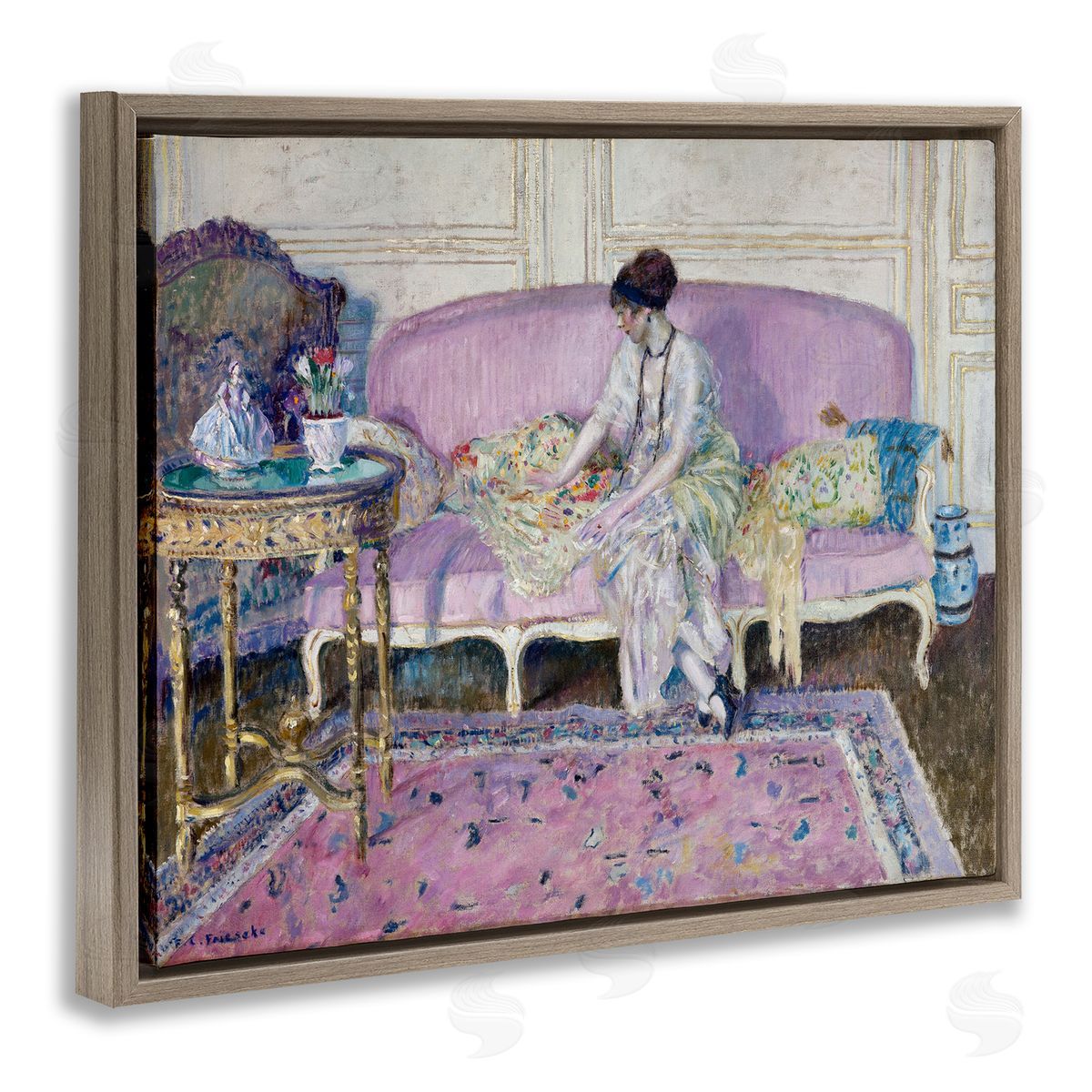 one1000paintings Classical Woman on Sofa Brown Floating Frame Canvas Wall Art Print