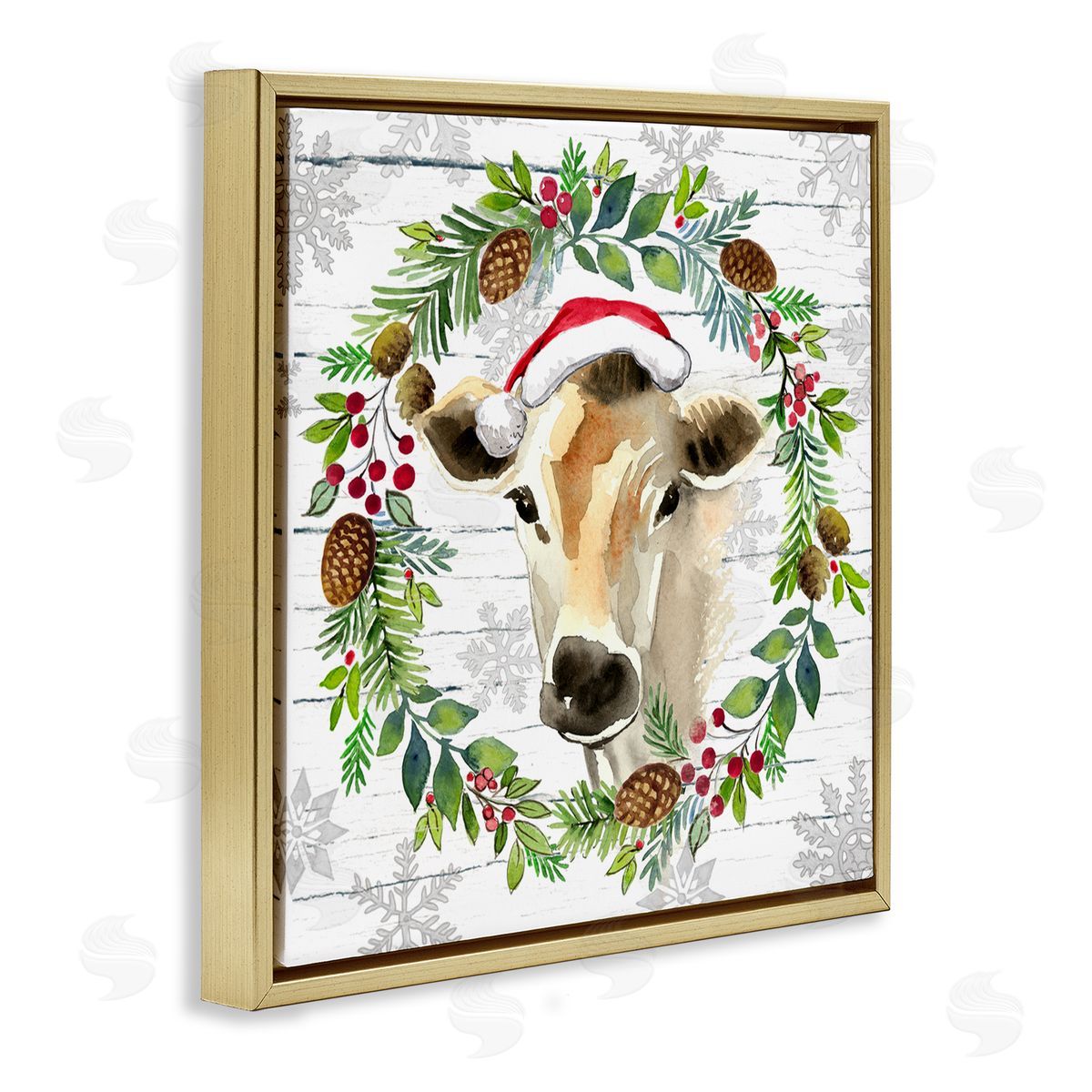 Elena Vladykina Winter Farmhouse Cow Wreath Gold Floating Frame Canvas Wall Art Print