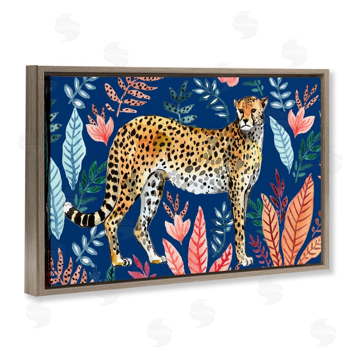Elena Vladykina Jungle Plants & Cheetah Brown Floating Frame Canvas Wall Art Print