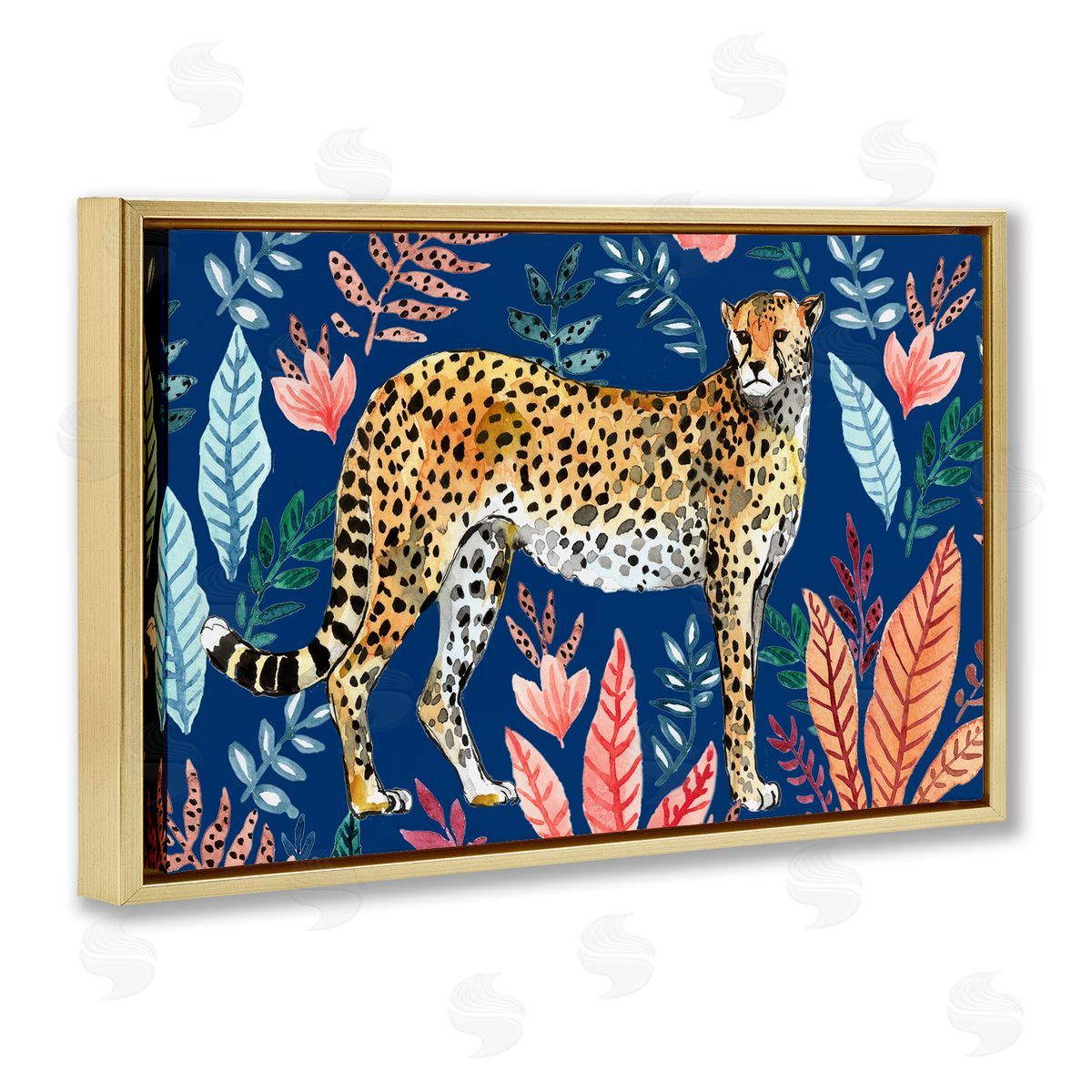 Elena Vladykina Jungle Plants & Cheetah Gold Floating Frame Canvas Wall Art Print