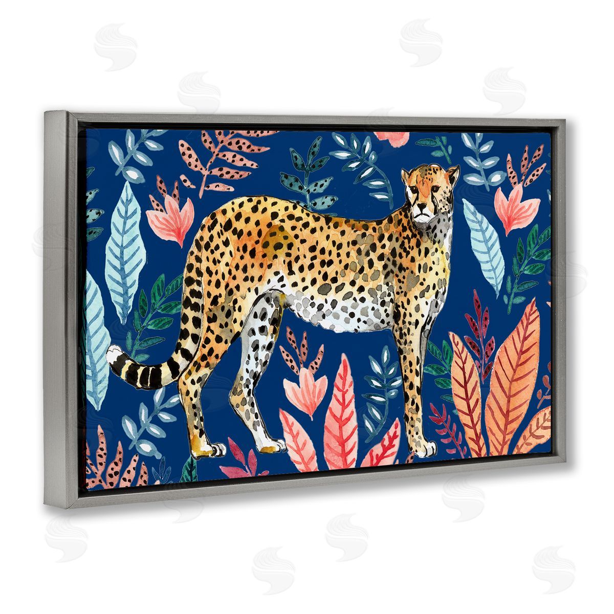 Elena Vladykina Jungle Plants & Cheetah Gray Floating Frame Canvas Wall Art Print