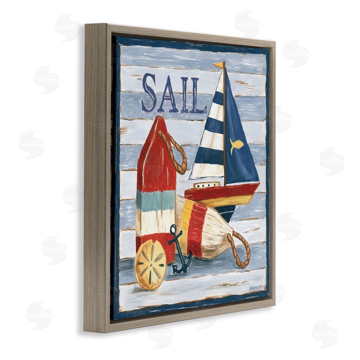 Jennifer Brinley rep. Levison Designs Sail Boat & Buoys Brown Floating Frame Canvas Wall Art Print