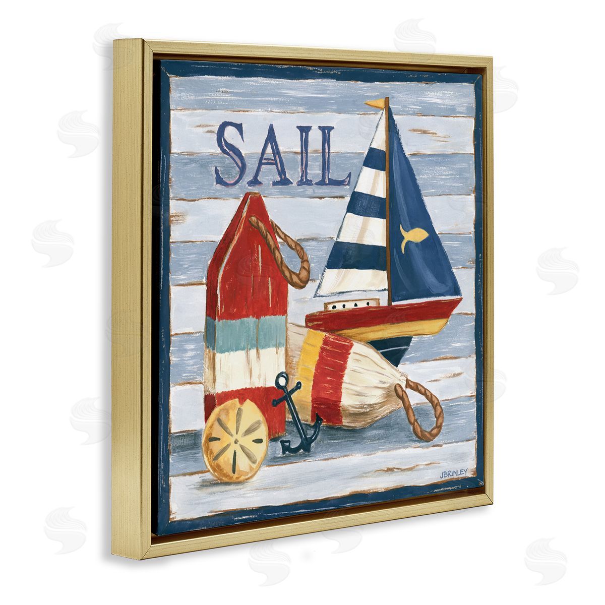 Jennifer Brinley rep. Levison Designs Sail Boat & Buoys Gold Floating Frame Canvas Wall Art Print