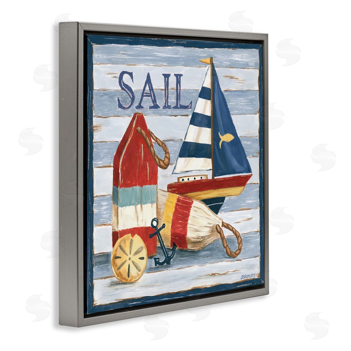 Jennifer Brinley rep. Levison Designs Sail Boat & Buoys Gray Floating Frame Canvas Wall Art Print