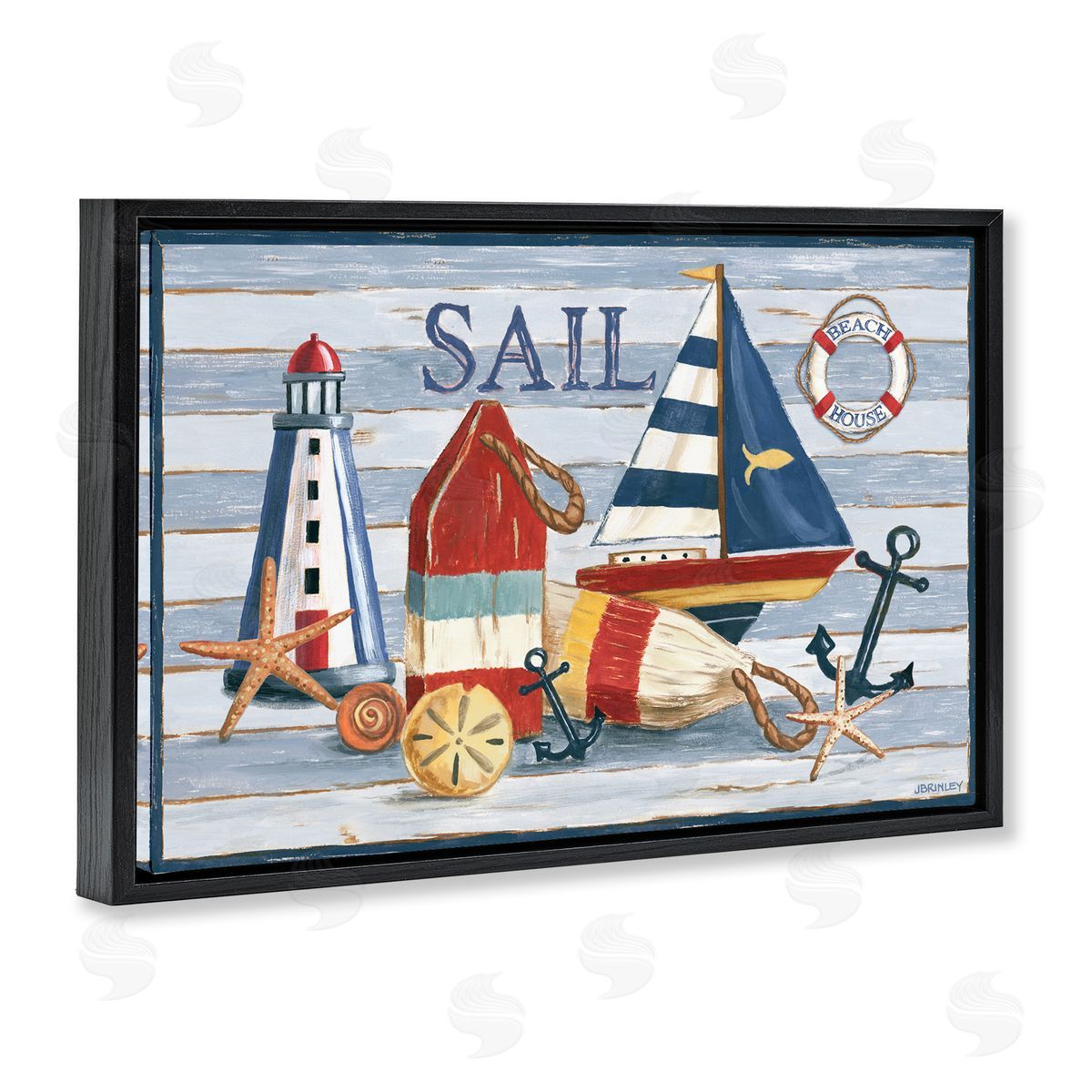 Jennifer Brinley rep. Levison Designs Striped Nautical Still Life Black Floating Frame Canvas Wall Art Print