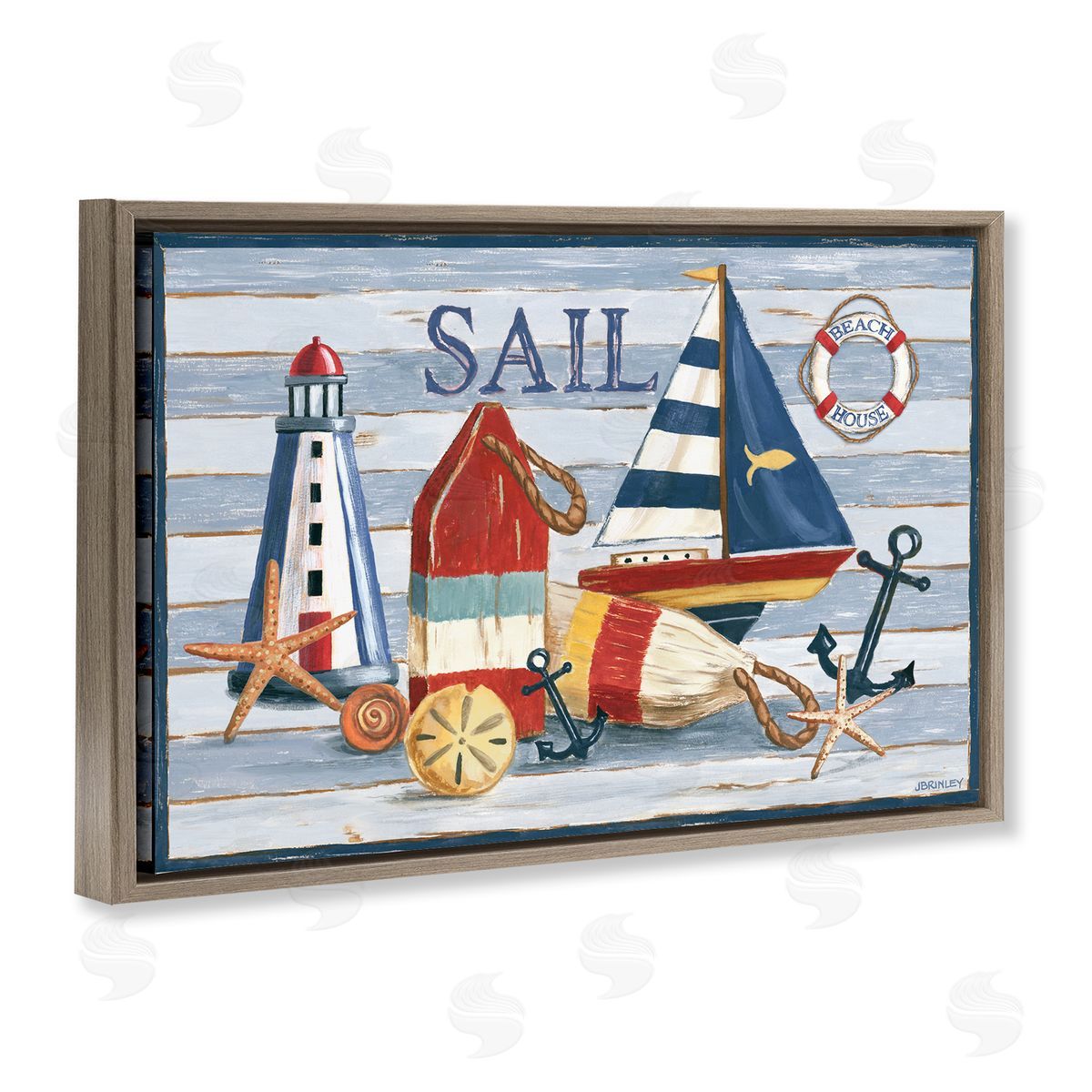 Jennifer Brinley rep. Levison Designs Striped Nautical Still Life Brown Floating Frame Canvas Wall Art Print
