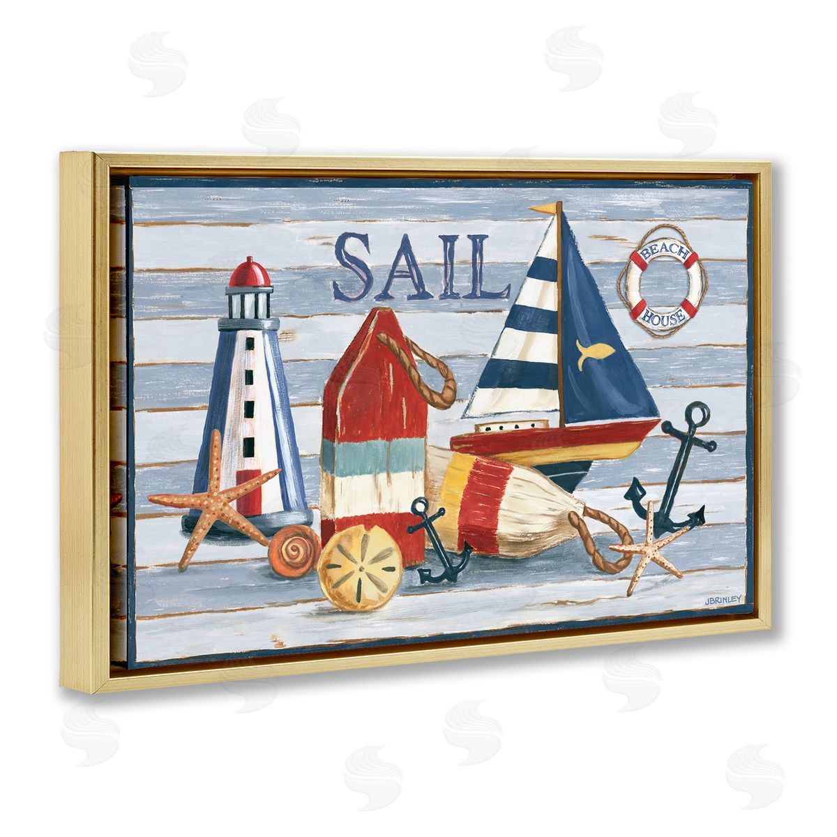Jennifer Brinley rep. Levison Designs Striped Nautical Still Life Gold Floating Frame Canvas Wall Art Print