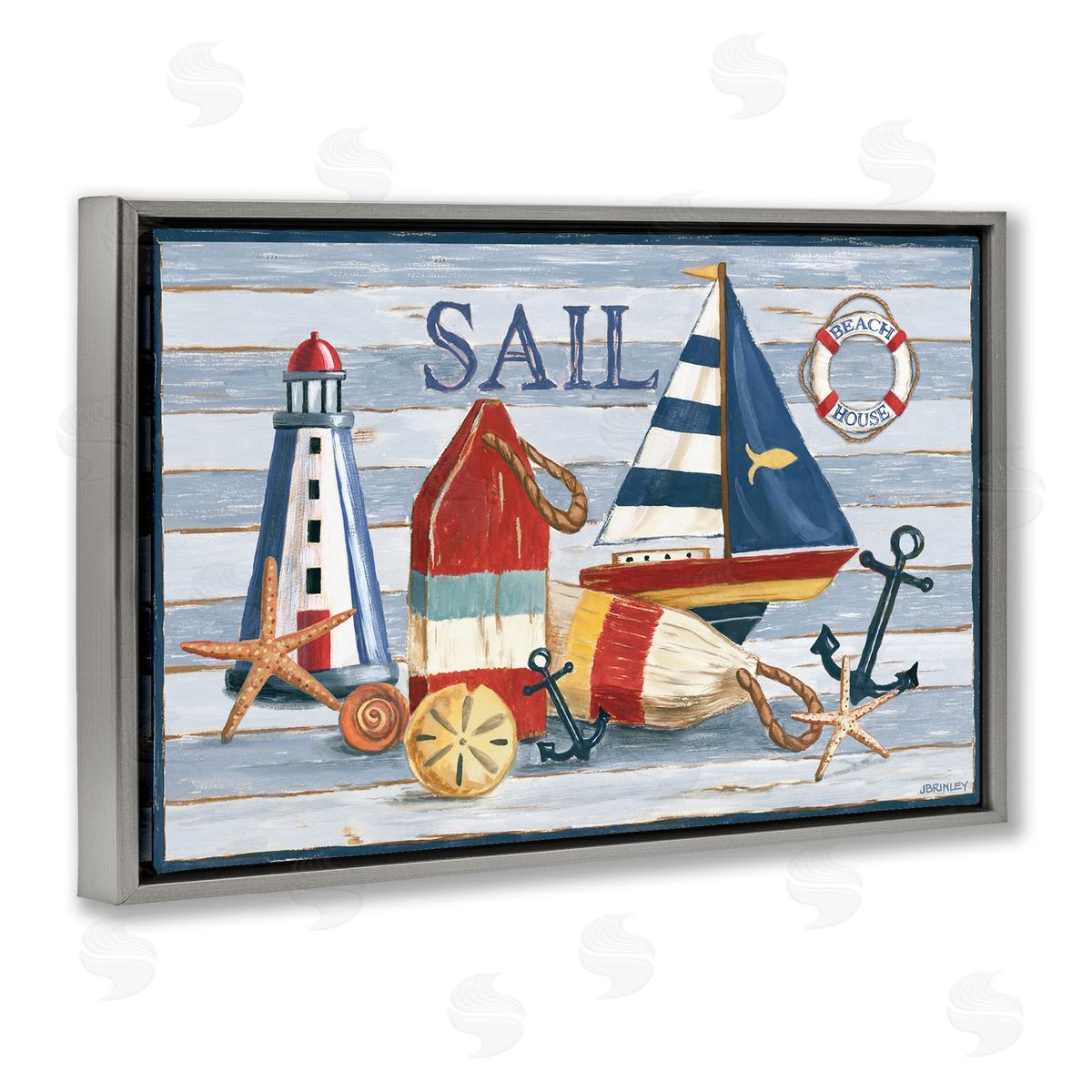 Jennifer Brinley rep. Levison Designs Striped Nautical Still Life Gray Floating Frame Canvas Wall Art Print