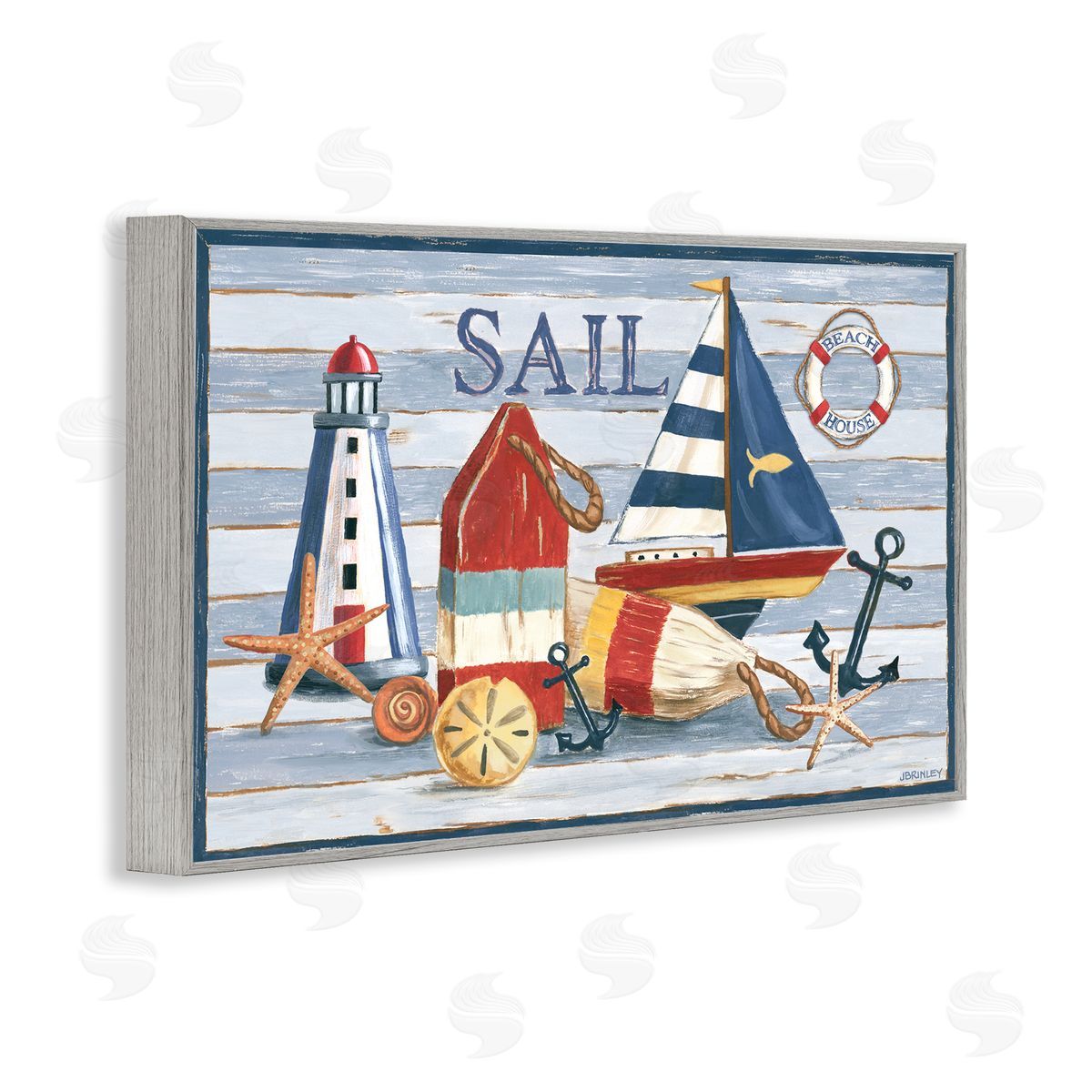 Jennifer Brinley rep. Levison Designs Striped Nautical Still Life Gray Framed Giclee Wall Art Print