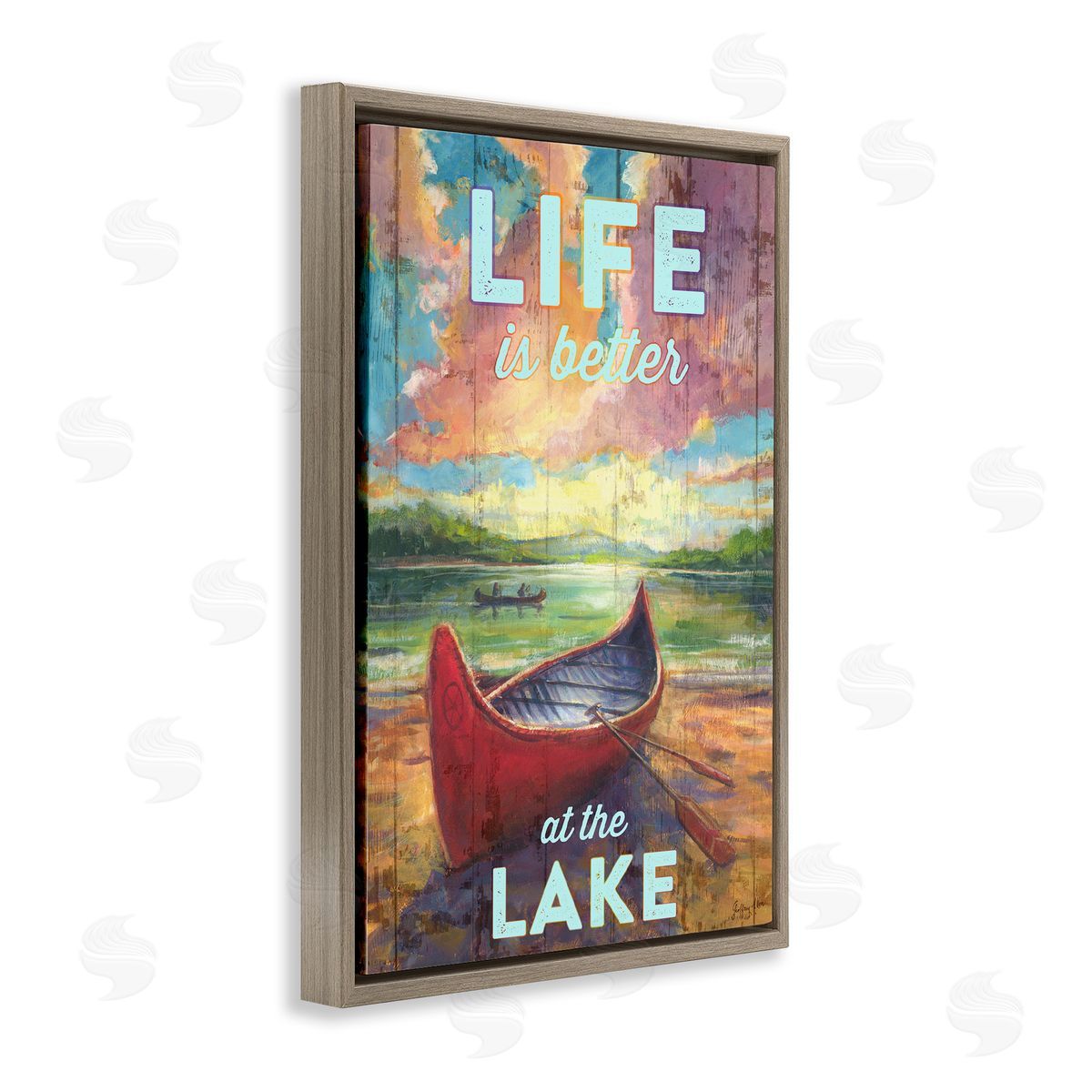 Geoff Allen Life At Lake with Canoe Brown Floating Frame Canvas Wall Art Print