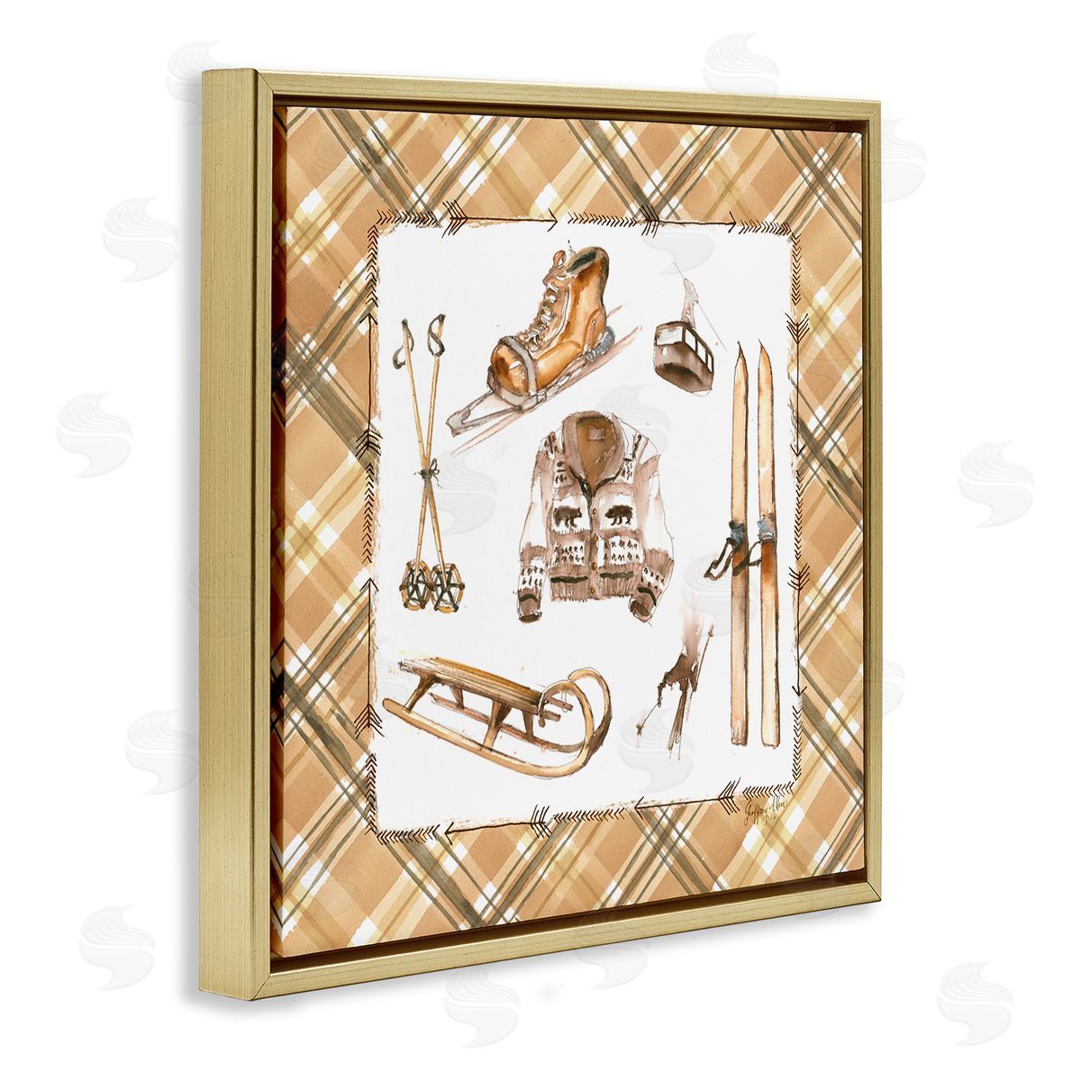 Geoff Allen Winter Sports on Tartan Gold Floating Frame Canvas Wall Art Print