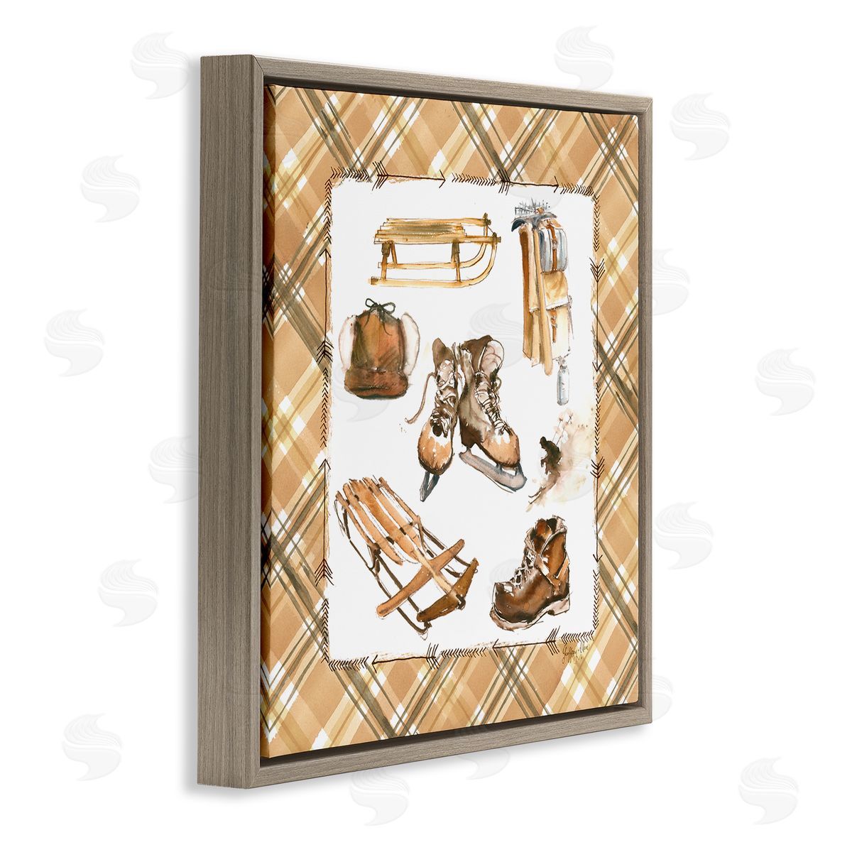 Geoff Allen Plaid Winter Sports Brown Floating Frame Canvas Wall Art Print
