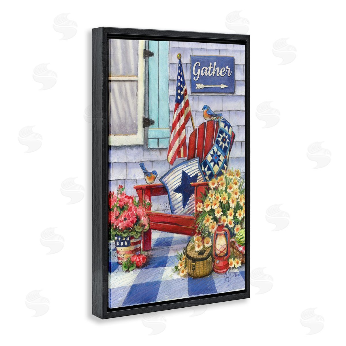 Geoff Allen Patriotic Porch View Black Floating Frame Canvas Wall Art Print