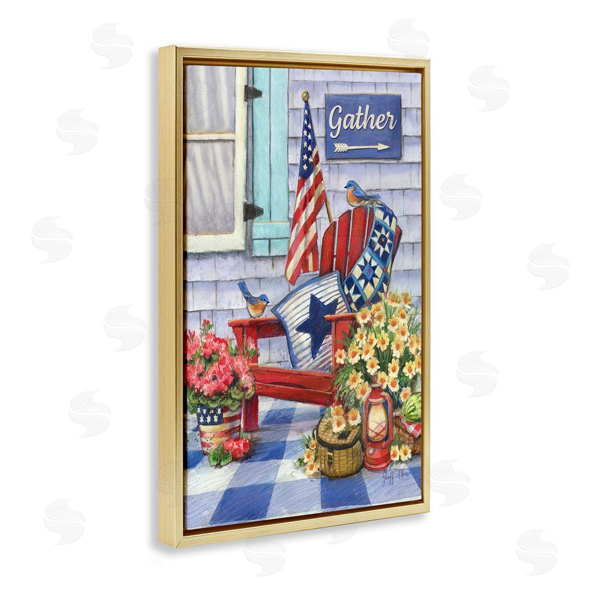 Geoff Allen Patriotic Porch View Gold Floating Frame Canvas Wall Art Print