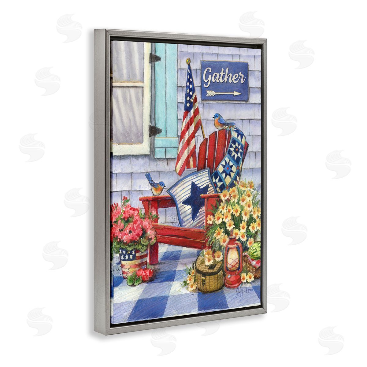 Geoff Allen Patriotic Porch View Gray Floating Frame Canvas Wall Art Print