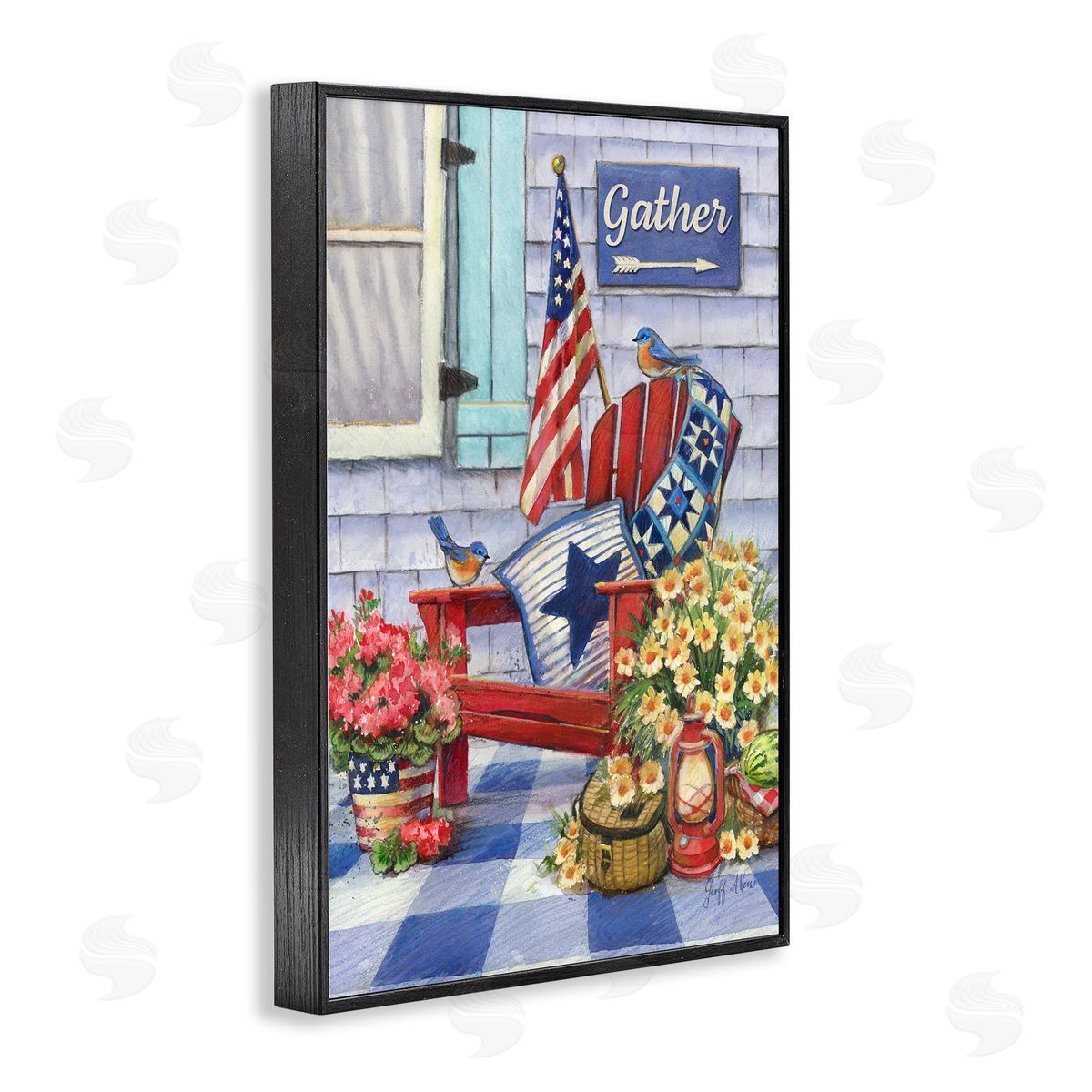 Geoff Allen Patriotic Porch View Black Framed Giclee Wall Art Print