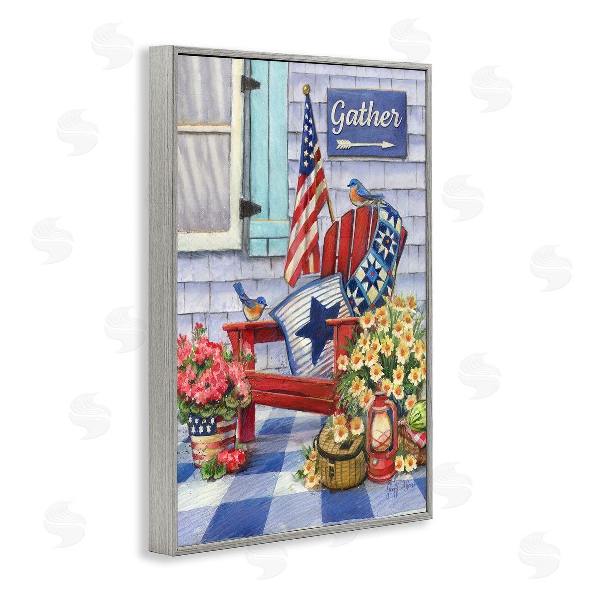 Geoff Allen Patriotic Porch View Gray Framed Giclee Wall Art Print
