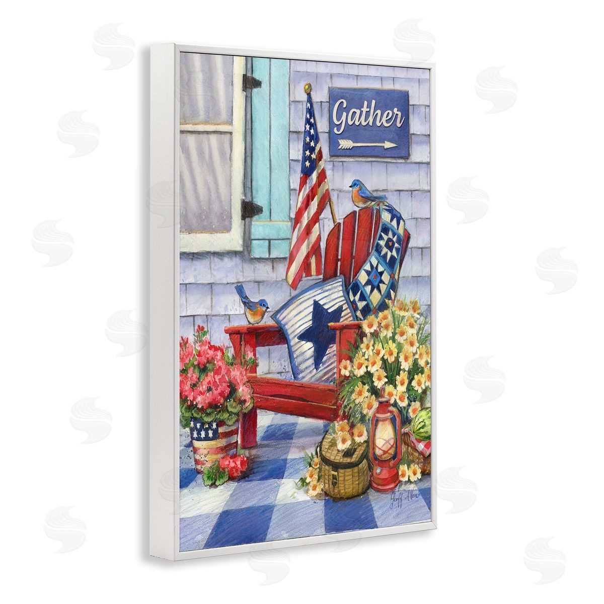 Geoff Allen Patriotic Porch View White Framed Giclee Wall Art Print