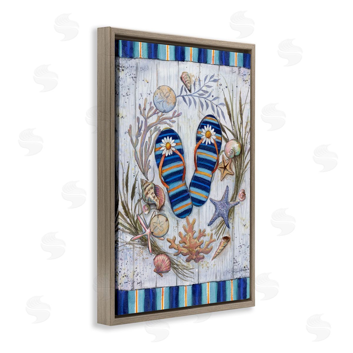 Geoff Allen Coastal Wreath & Flip Flops Brown Floating Frame Canvas Wall Art Print
