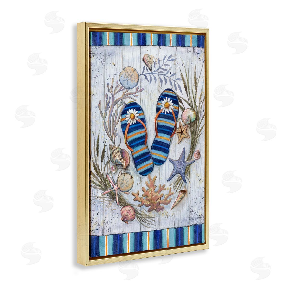 Geoff Allen Coastal Wreath & Flip Flops Gold Floating Frame Canvas Wall Art Print