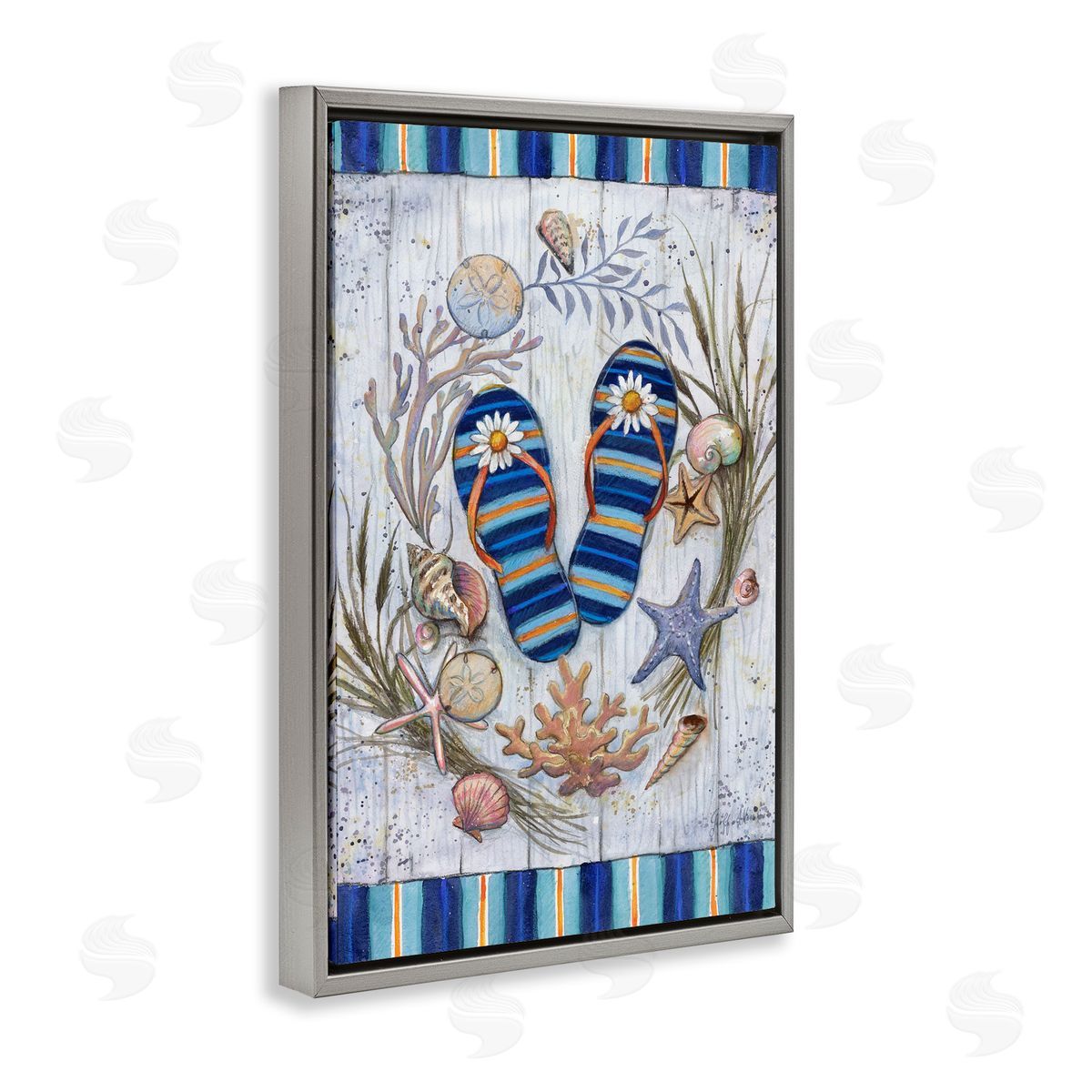 Geoff Allen Coastal Wreath & Flip Flops Gray Floating Frame Canvas Wall Art Print