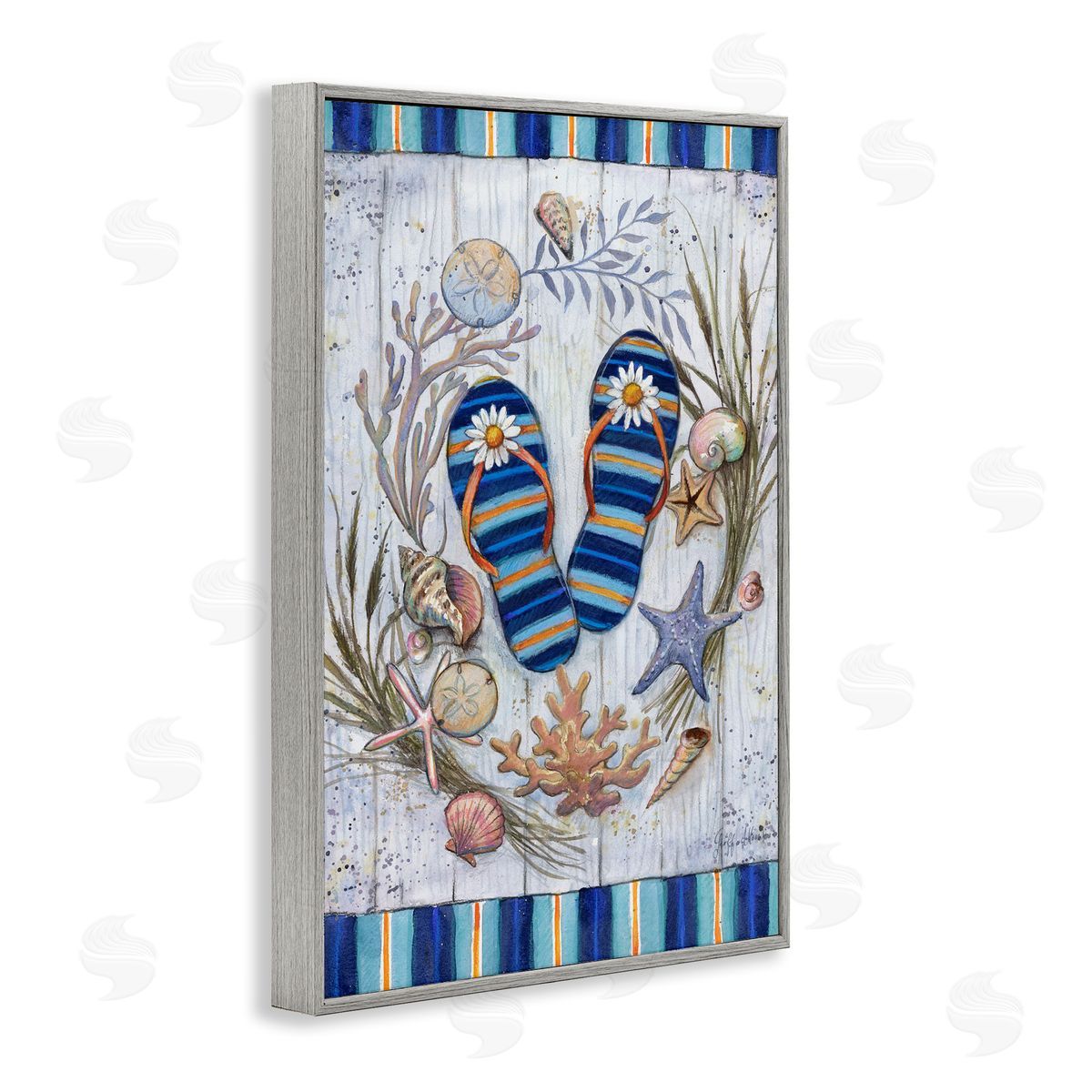 Geoff Allen Coastal Wreath & Flip Flops Gray Framed Giclee Wall Art Print