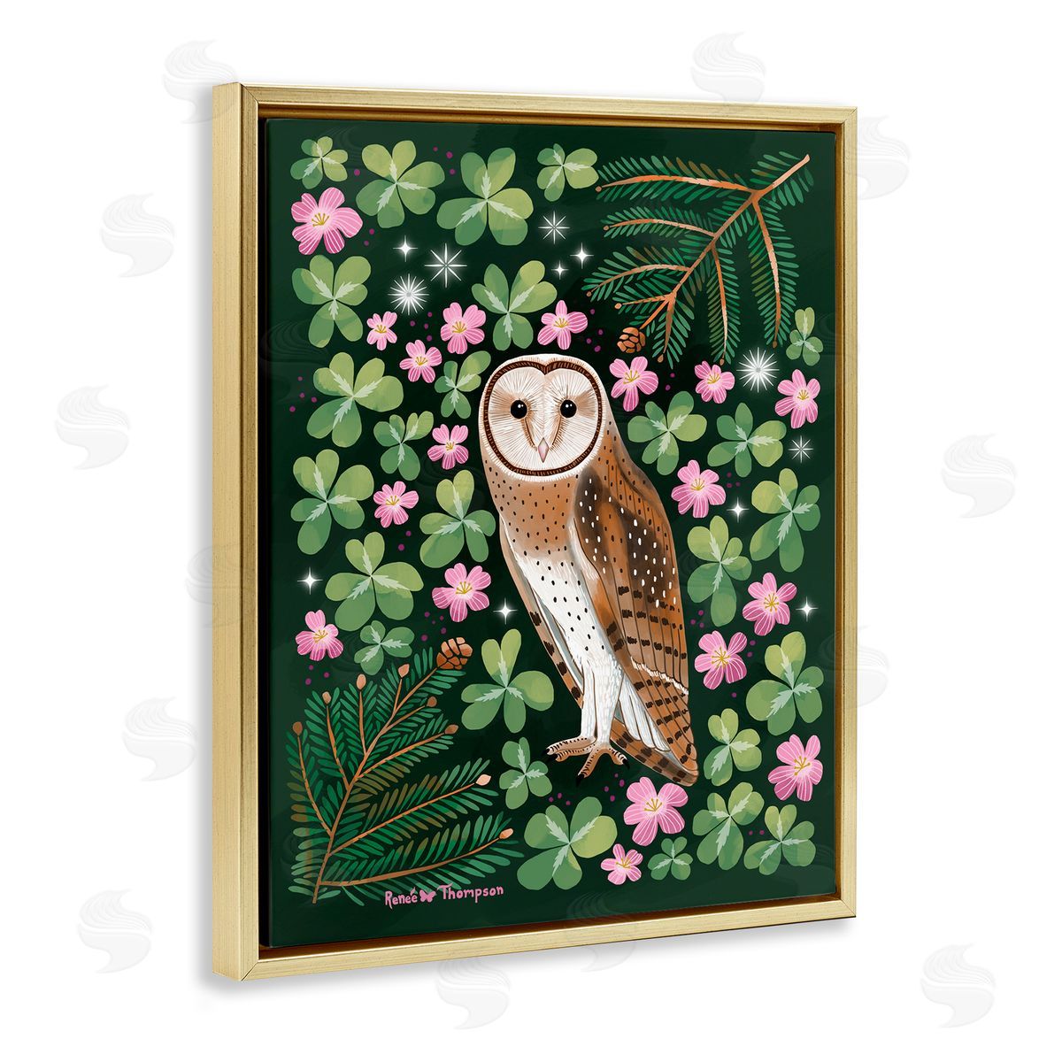 Renee Thompson Barn Owl & Botanicals Gold Floating Frame Canvas Wall Art Print