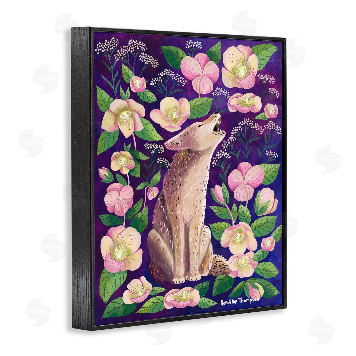 Renee Thompson Coyote & Pink Florals Black Framed Giclee Wall Art Print