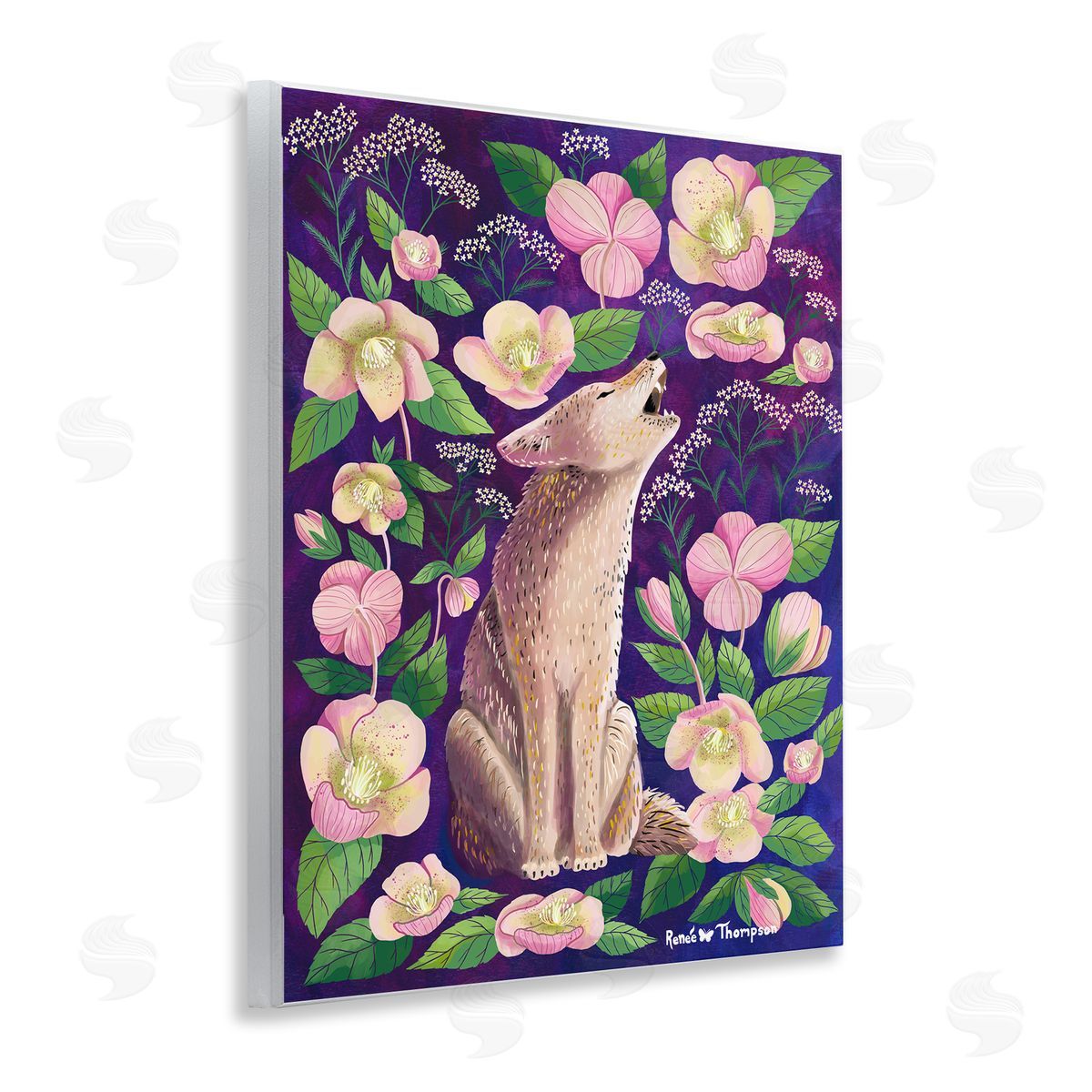 Renee Thompson Coyote & Pink Florals Wooden Wall Plaque Art Print