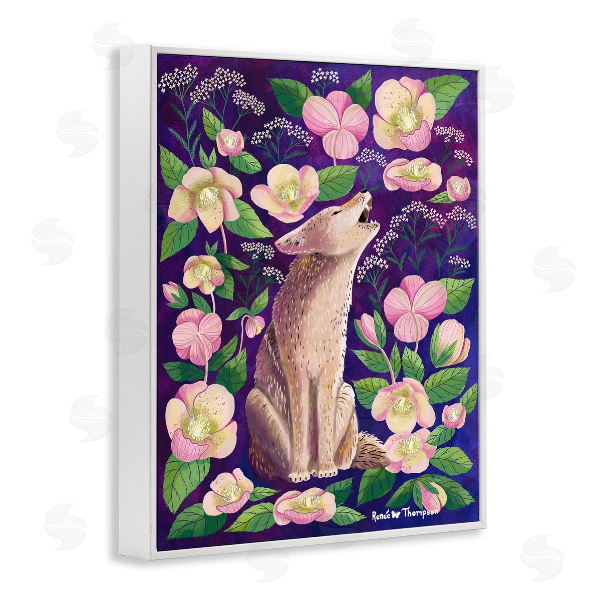 Renee Thompson Coyote & Pink Florals White Framed Giclee Wall Art Print