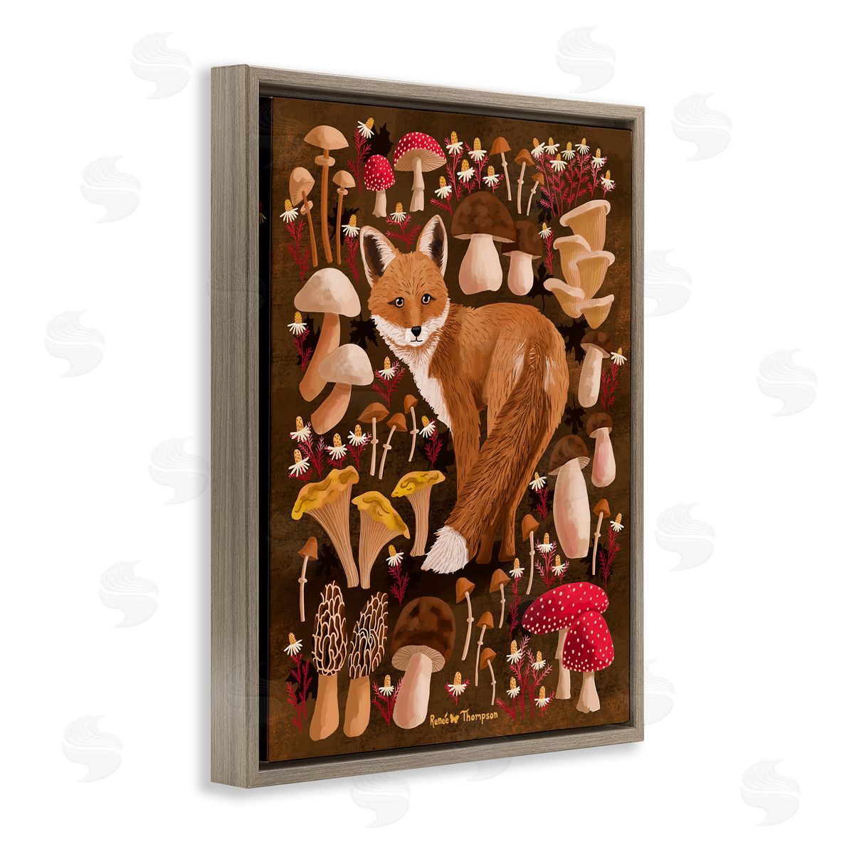 Renee Thompson Fox & Cottage Mushrooms Brown Floating Frame Canvas Wall Art Print