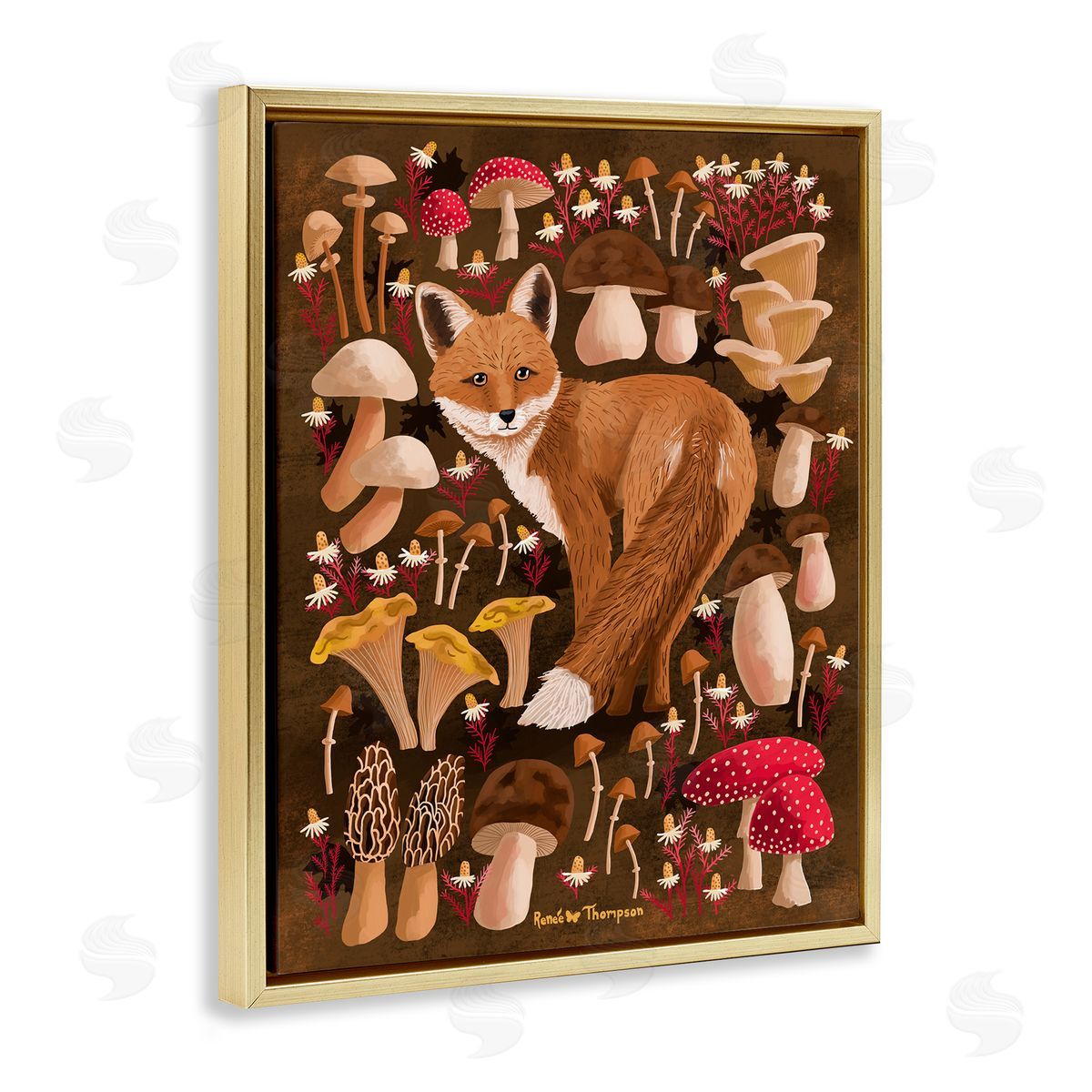Renee Thompson Fox & Cottage Mushrooms Gold Floating Frame Canvas Wall Art Print