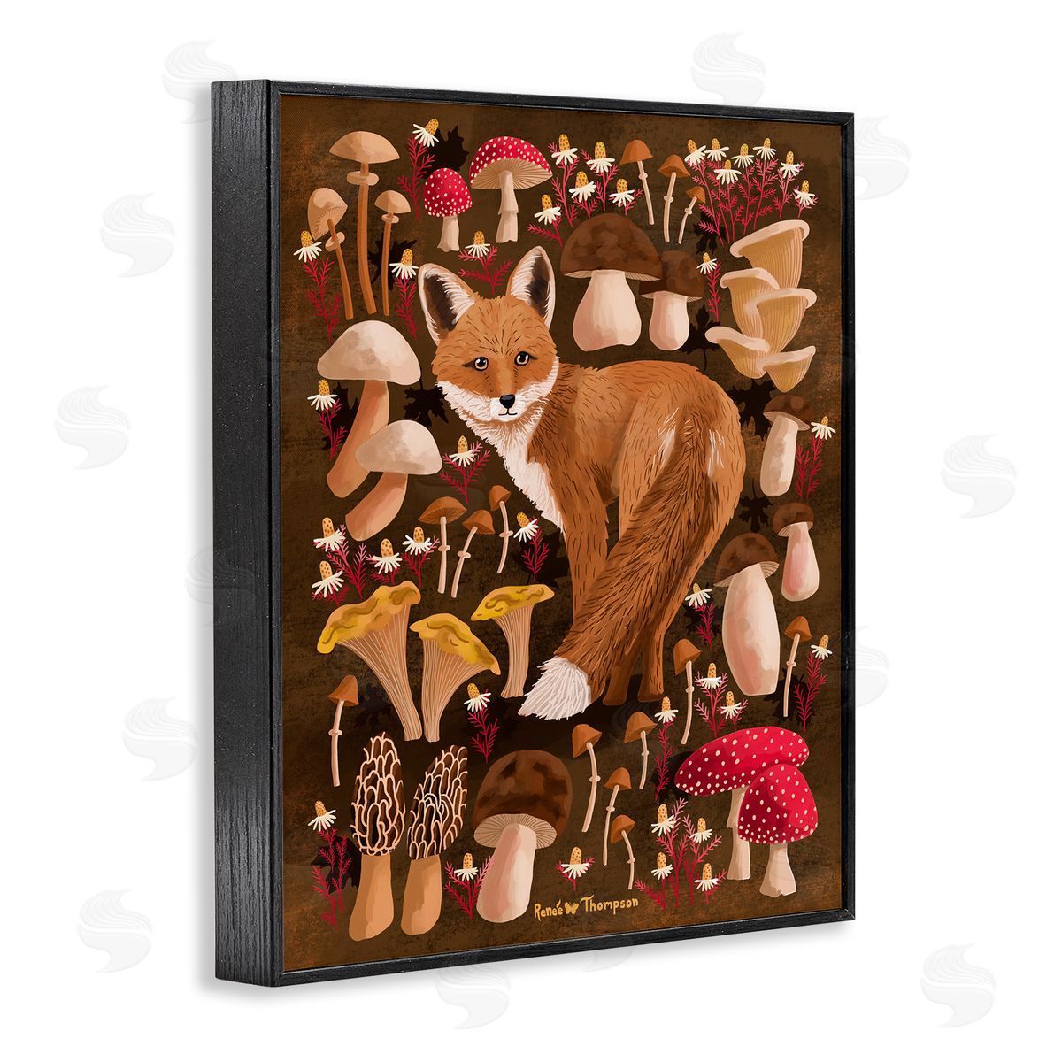Renee Thompson Fox & Cottage Mushrooms Black Framed Giclee Wall Art Print