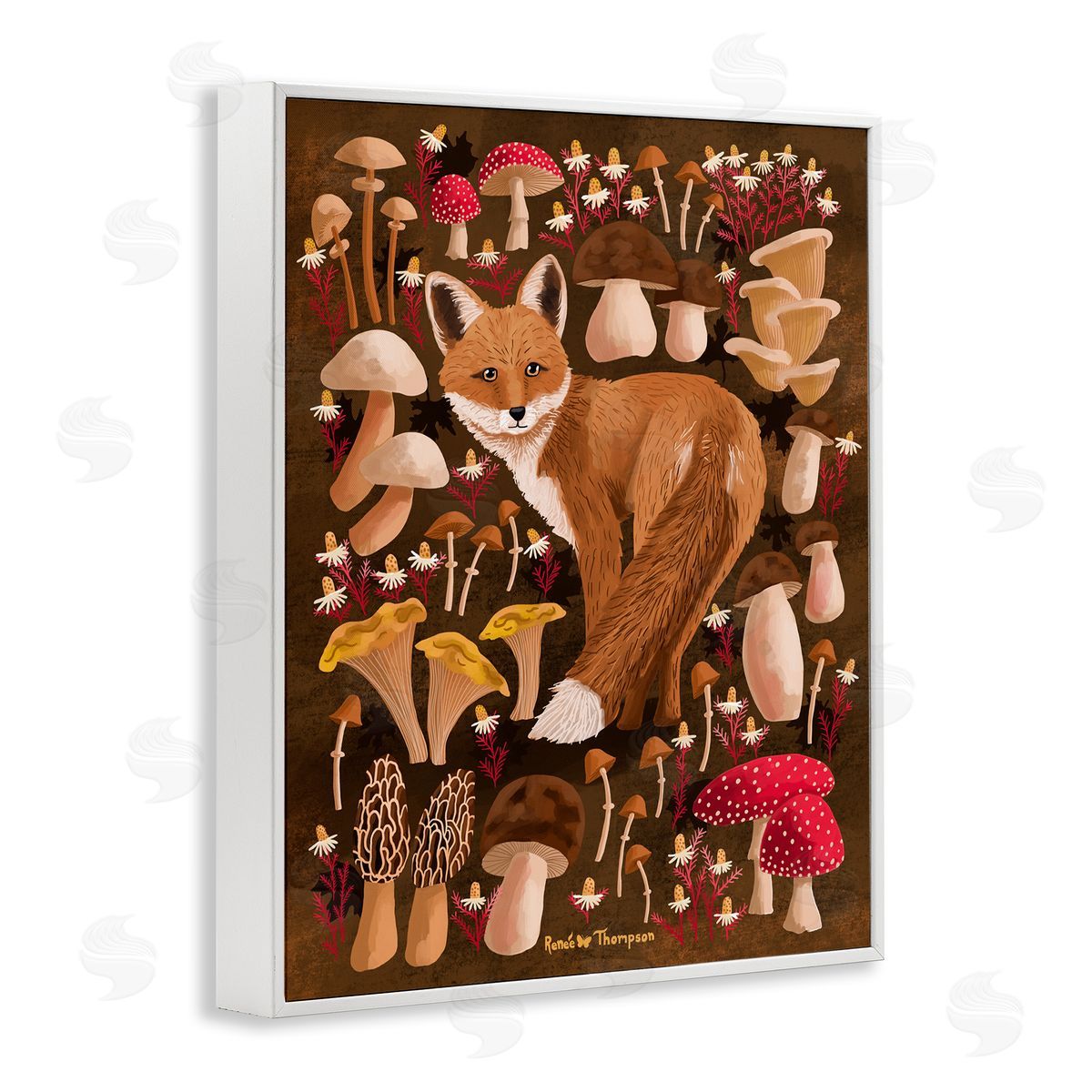 Renee Thompson Fox & Cottage Mushrooms White Framed Giclee Wall Art Print