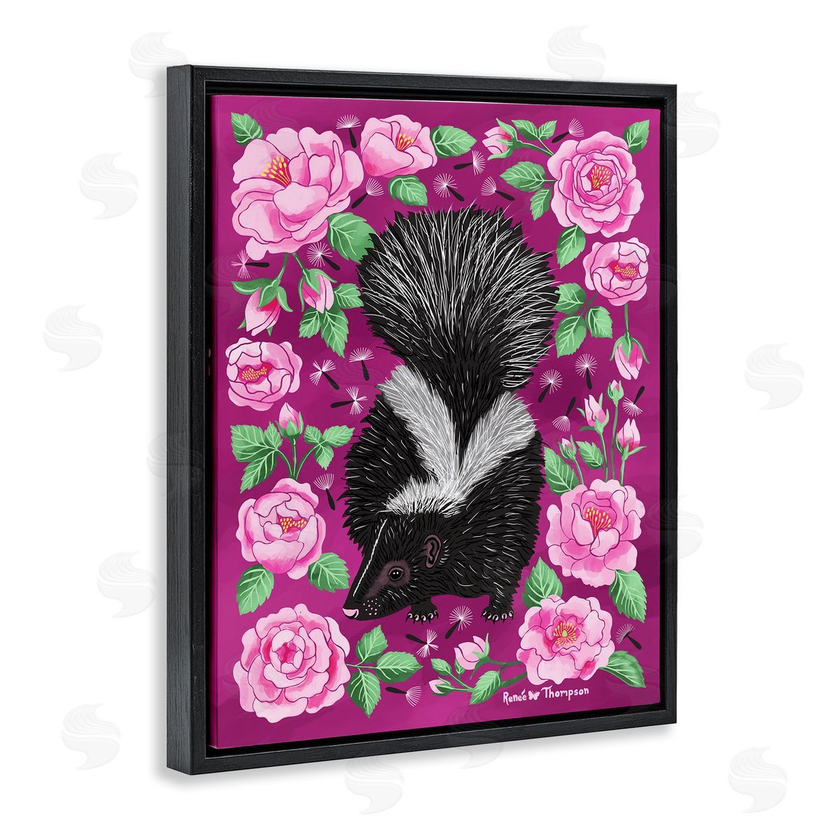 Renee Thompson Skunk & Rose Blossoms Black Floating Frame Canvas Wall Art Print