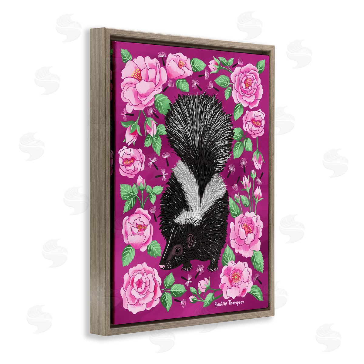 Renee Thompson Skunk & Rose Blossoms Brown Floating Frame Canvas Wall Art Print